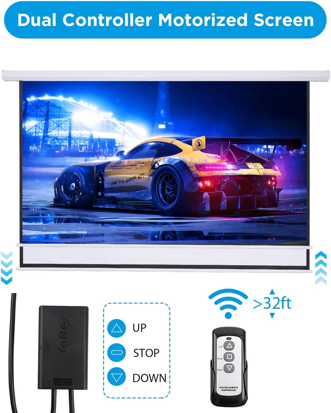 Electric Projector Screen 100 Inch with Remote Control Ceiling Mount Hooks, Pull Down Retractable Projector Screen Motorized Movie Screen White 16:9, Automatic Projector Screen Roll Down Indoor
