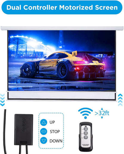 Projector Screen Pull Down 120 Inch Automatic Projector Screen with Remote Control and Ceiling Mount Hooks, Electric Motorized Projection Screen Retractable White Movie Screen 4:3 Outdoor Indoor