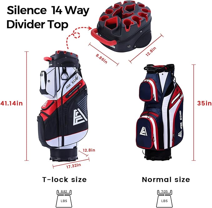 ASK ECHO T-Lock Golf Cart Bag with 14 Way Organizer Divider Top, Premium Cart Bag with Handles and Rain Cover for Men