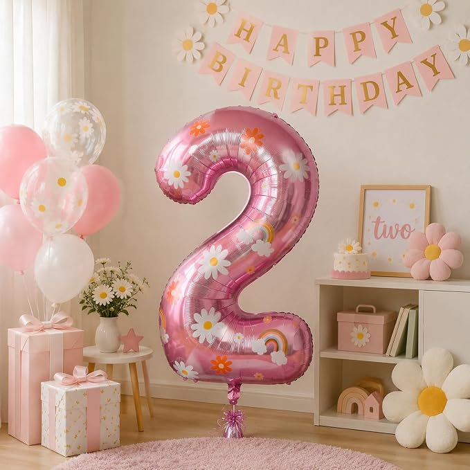 2nd Birthday Daisy Balloon, 40 Inch Pink Number 2 Boho Party Decor | Daisy - Image 5