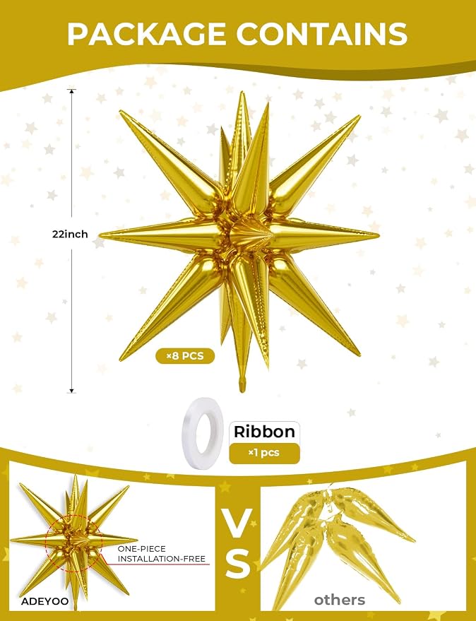 8Pcs Gold Star Balloons, Explosion Star Foil Balloons, Spike Balloon | Gold - Image 4