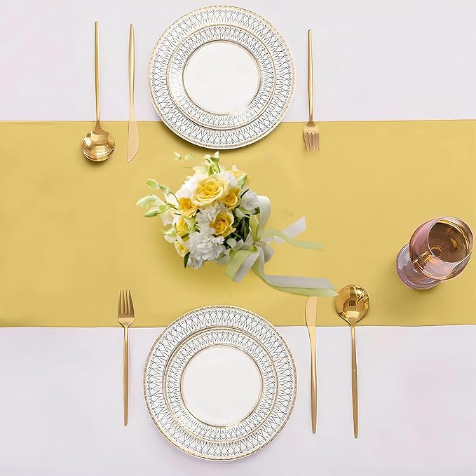 SHEJIZE 20 Pack Light Gold Satin Table Runner 12x108 Inches Long, Bright Silky Smooth Satin Table Runner Table Decor for Wedding Banquet Christmas Prom Event Birthday Party