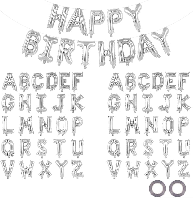65 Pcs Silver Happy Birthday Balloons, 2 Sets A-Z Silver Letters Foil Balloons by Unknown