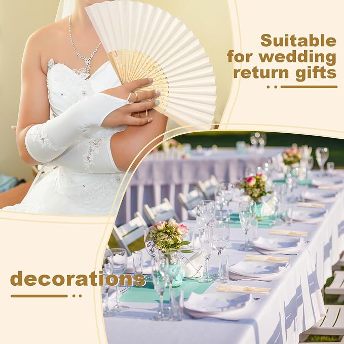 Qunclay 60 Pcs White Paper Hand Fans Bulk Bamboo Folding Handheld Wedding Fans - Image 4