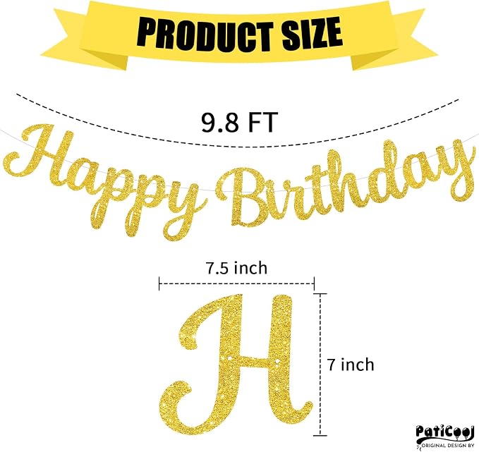 Gold Happy Birthday Banner, Pre-Strung Glitter Gold Birthday Sign, 10 Feet - Image 6