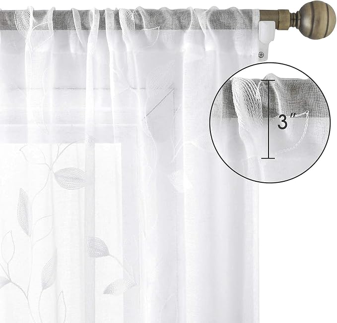 HOMEIDEAS White Sheer Curtains 52 X 84 Inches Long 2 Panels Embroidered Leaf - Image 7