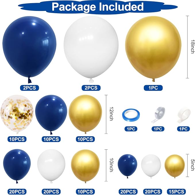 145PCS Navy Blue Gold and White Balloons Garland Arch Kit, 18 12 10 5 inch Navy - Image 2