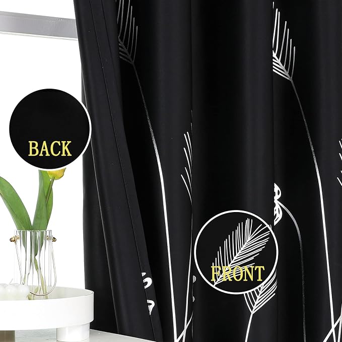 Black Blackout Curtains 108 Inches Length Silver Palm Pattern Window Curtain - Image 3