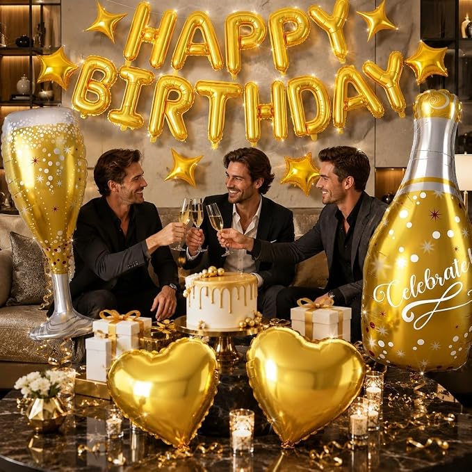 Gold Happy Birthday Balloons Banner, Star Heart Balloons, Champagne Bottle - Image 5