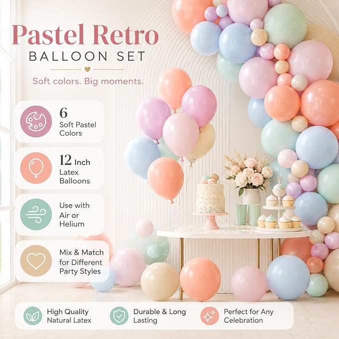 Pastel Retro Balloons, 12 Inch 6 Color Blue Purple Green Pink Beige Latex Party - Image 2
