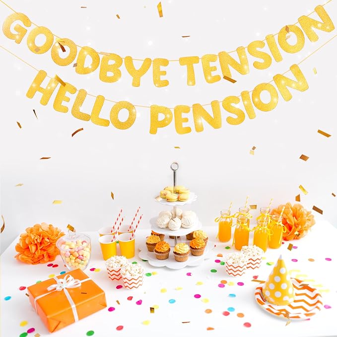 Retirement Banner Pre-Strung GOODBYE TENSION HELLO PENSION Banner Glitter - Image 4