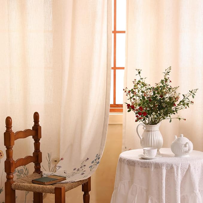 Designer French Linen Printed Curtain, 2 Panels, Light Beige Decor Draps by Isaennehomedecoration