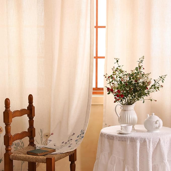 Designer French Linen Printed Curtain, 2 Panels, Light Beige Decor Draps by Isaennehomedecoration