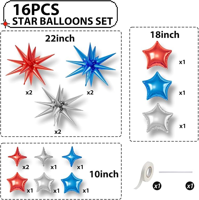 Red Blue Silver Star Balloons, 22/18/10 Inch Foil Balloons, Four-Pointed Balloon - Image 2