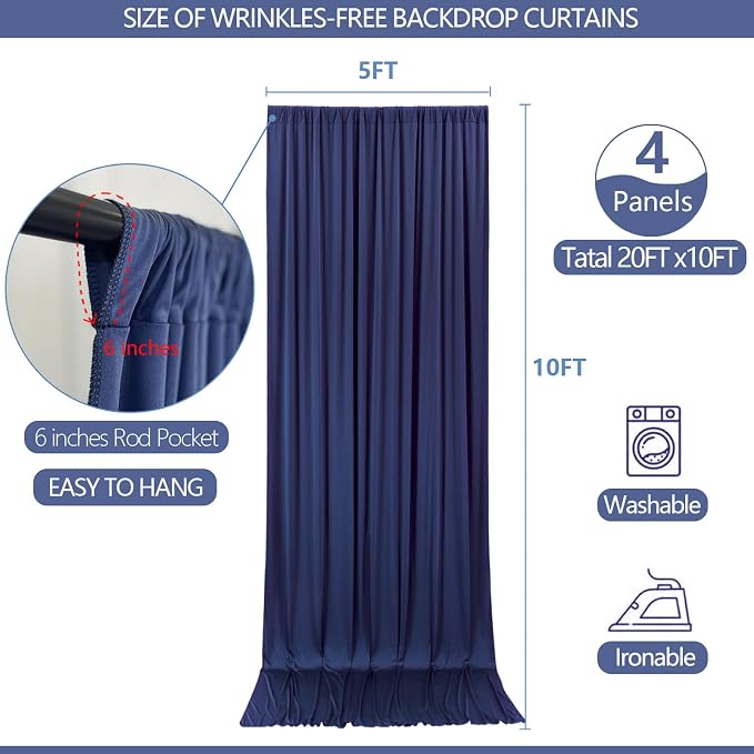 ESGOTBME 20x10ft Wrinkle Free Navy Blue Backdrop Curtain - Image 4