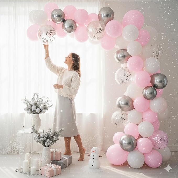 Pink and Silver Balloons, Pastel Light Pink Pearl White Metallic Silver Latex - Image 6