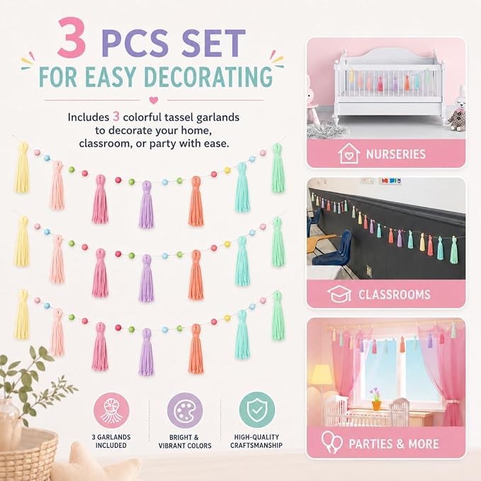 Syhood 3 Pcs Boho Tassel Garland Boho Rainbow Pom Pom Wall Decor Each 50'' - Image 3