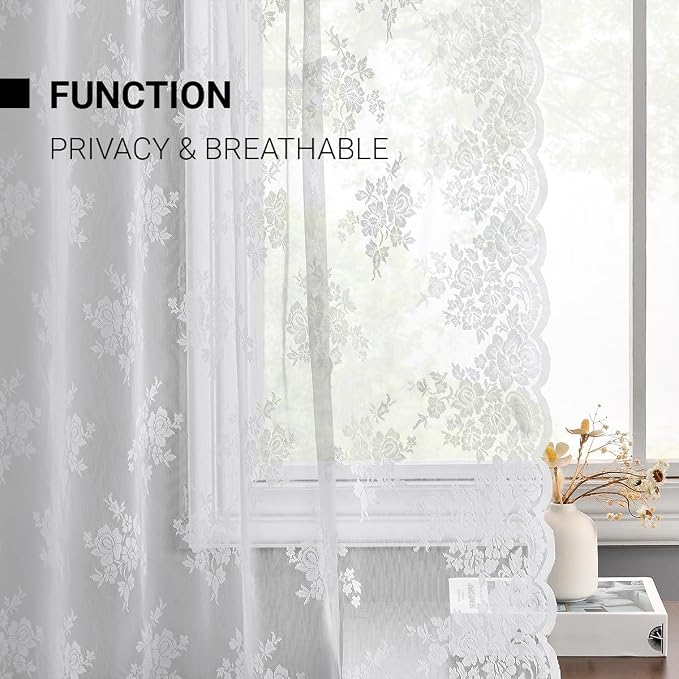 Kotile White Lace Curtains for Kitchen Windows W52 x L45 Inch, 2 Panels | Rod - Image 5