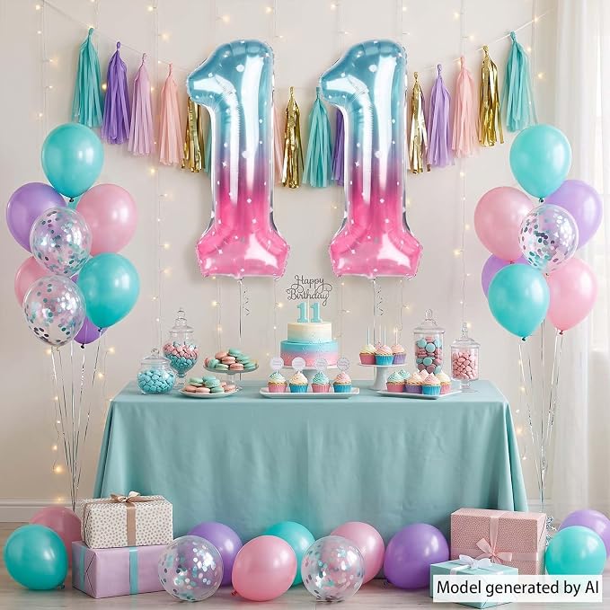 40 Inch Blue Pink Number 11 Balloon, Ombre Star Foil Helium Birthday Decor | - Image 3