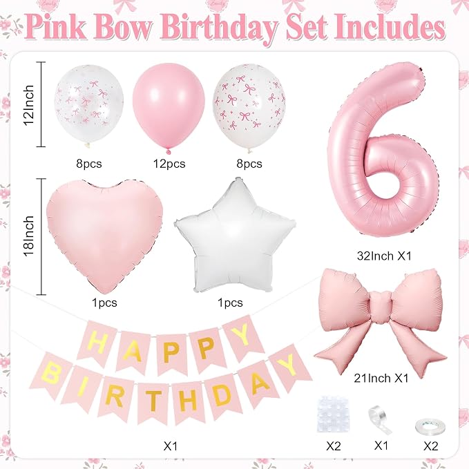6th Pink Bow Birthday Decorations, 6th Birthday Balloon | Pink White Pastel Bow - Image 2