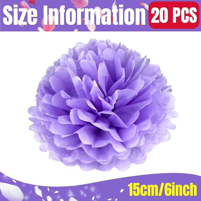 Qimoo 20pcs Light Purple Paper Pom Poms Decorations, DIY Decorative Tissue - Image 2