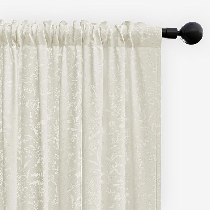 Anmao Beige Semi Sheer Light Filtering Extra Long Curtains 2 Panels, Leaf - Image 8