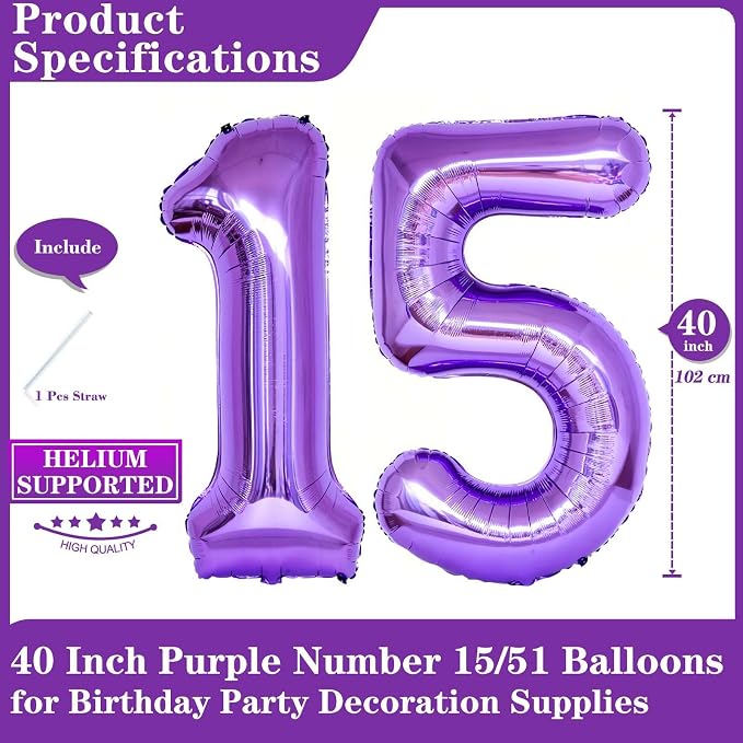 Purple 15 Number Balloons, 40 Inch Giant Number 15 Balloons Foil Mylar Helium - Image 2
