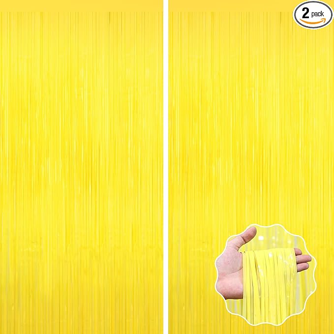 Yellow Tinsel Foil Fringe Curtains Backdrops,2Pack Door Streamers Photo Booth Backdrop for Birthday Party, Tinsel Curtain Backdrop for Baby Shower Bachelorette Christmas Party Decorations. Disco Decor