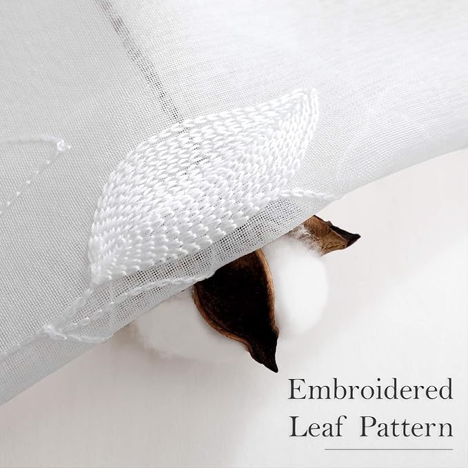 HOMEIDEAS White Sheer Kitchen Curtains 52 x 54 Inch Length 2 Panels Embroidered - Image 3
