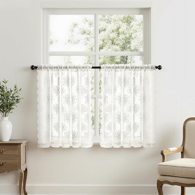 MIULEE Vintage Floral Scalloped Lace Curtains 2 Panels, Semi Sheer Curtains - Image 7
