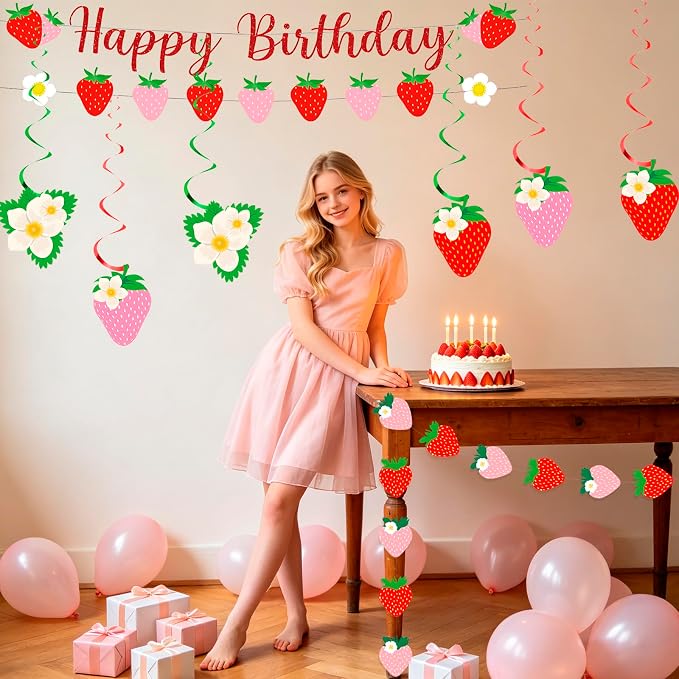 MEETINGU Strawberry Happy Birthday Banner Party Decoration Set, - Image 4