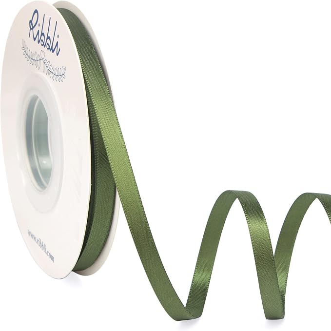 Ribbli Moss Green Satin Ribbon, Double Faced Satin 1/4 inch x Continuous 25 by Ribbli