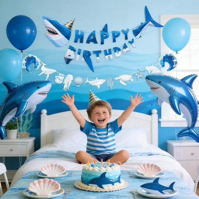 SUNBEAUTY Shark Birthday Party Decorations Shark Happy Birthday Banner Ocean - Image 4