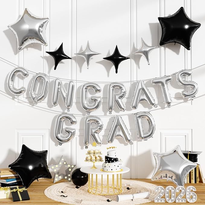 Congrats Grad Balloons, 16 Inch Black Silver Congrats Grad Letters Banner by FunHot
