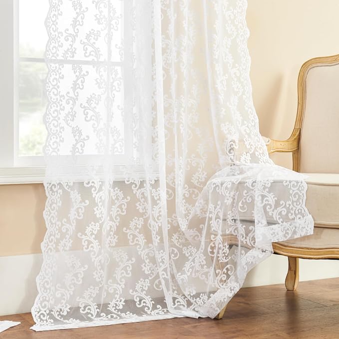 White Lace Curtains 80 Inches Long 2 Panels Paisley Pattern Victorian Lace - Image 6