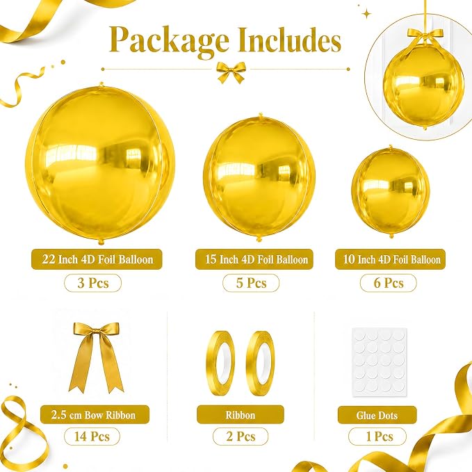 Gold Round Foil Balloons with Satin Bows Ribbon - Image 2