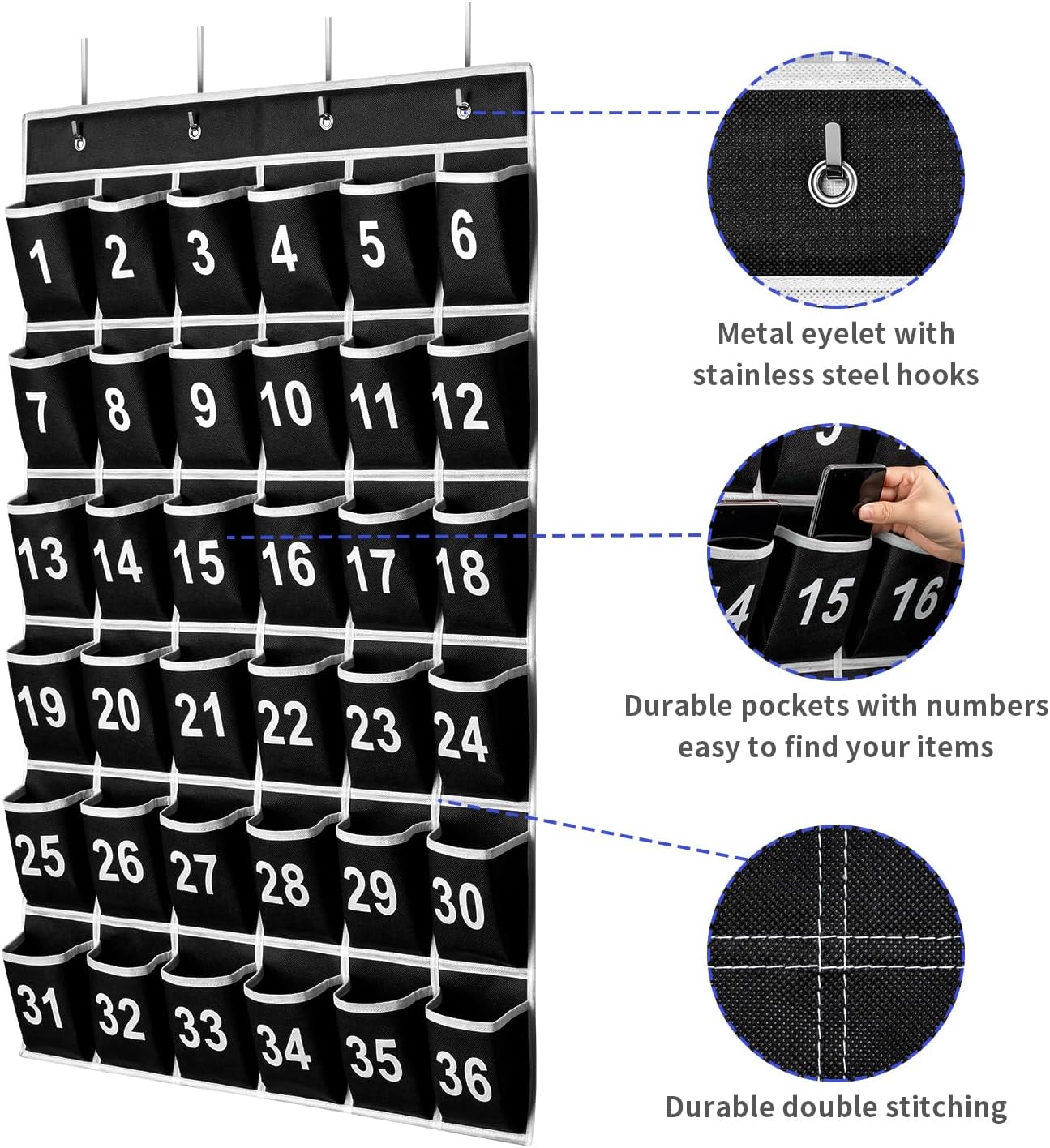 36 Pockets Black Numbered Classroom Pocket Chart for Cell Phones, Hanging Pocket Chart Storage for Classroom Phone Calculator Holder with 4 Hooks (Black-36pockets)