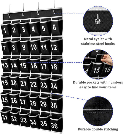 36 Pockets Black Numbered Classroom Pocket Chart for Cell Phones, Hanging Pocket Chart Storage for Classroom Phone Calculator Holder with 4 Hooks (Black-36pockets)