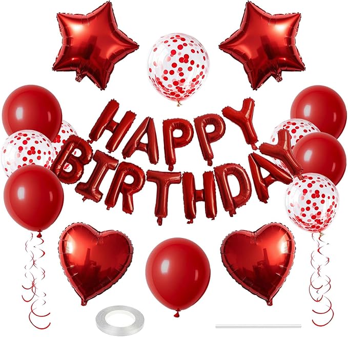 27 Pcs Red Birthday Decorations, 3D Foil Red Happy Birthday Balloon Banner by WEIKA