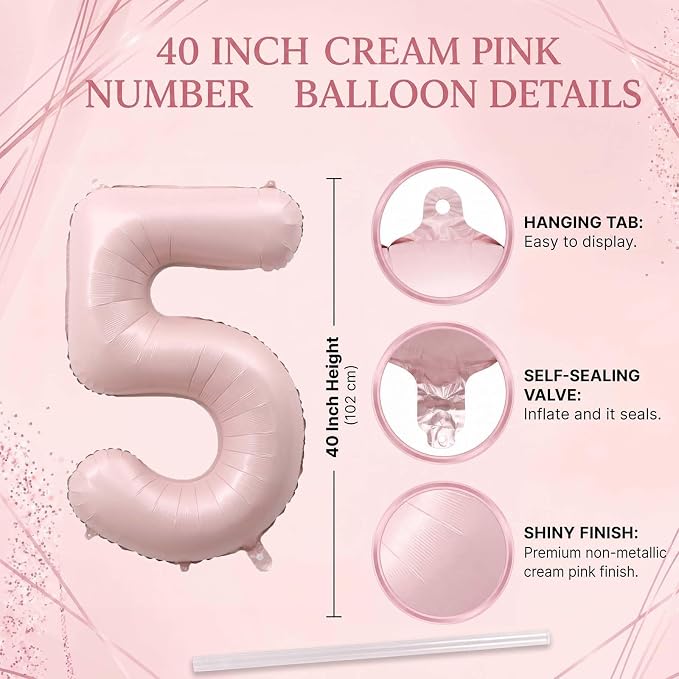 Baby Pink Number 5 Balloon 40 Inch, Pastel Foil Milestone Party Supplies | Soft - Image 4