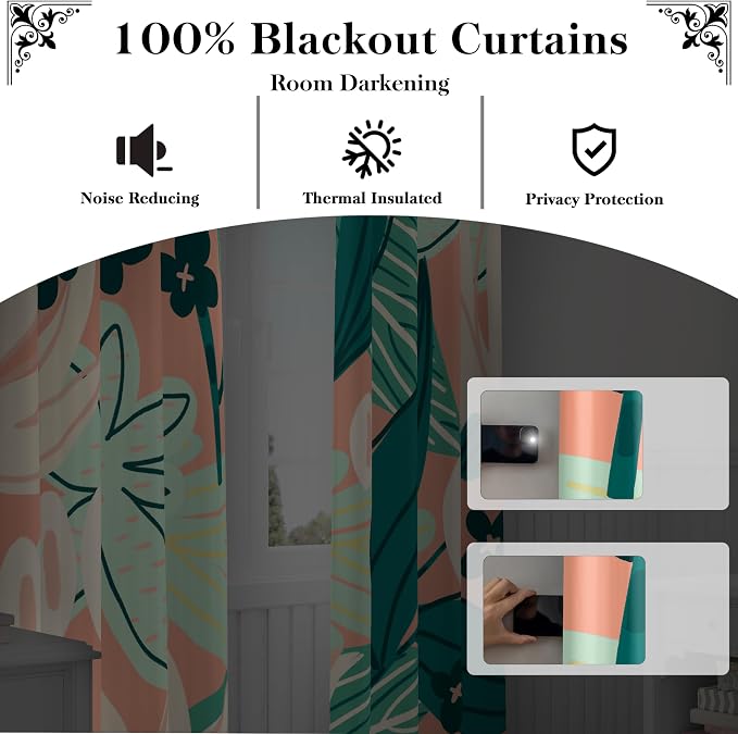 Tyrot 100% Blackout Boho Floral Curtains fo Bedroom 96 inch Long 2 Panels Mid - Image 3