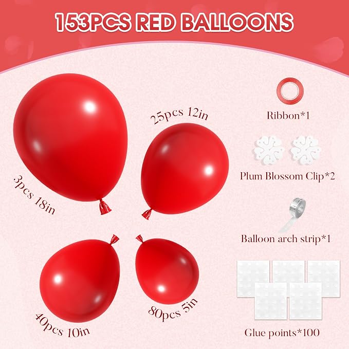 Amandir 153 Pcs Red Balloons Arch Garland Kit Different Sizes | 18 12 10 5 Inch - Image 3