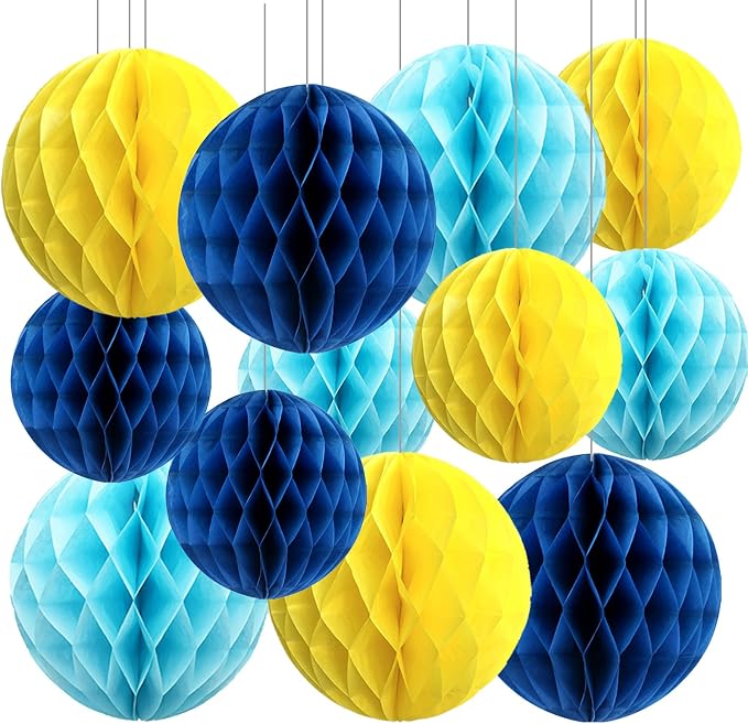 Blue and Yellow Paper Honeycomb Balls, 12 Pack Hanging Tissue Pom poms by SIPRKAICT