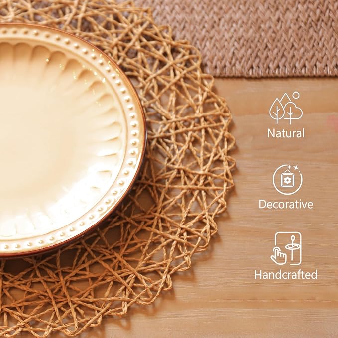 AHHFSMEI Paper Braided Round Placemats Set of 8 Natural Non-Slip Heat Resistant - Image 3