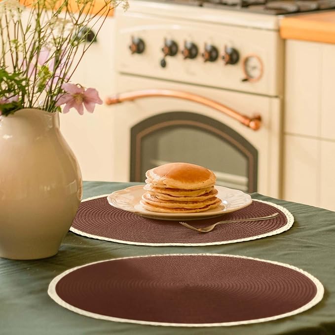 Round Placemats Set of 6, Woven Table Mats, Thin Edge, Chestnut Brown | Braided - Image 6