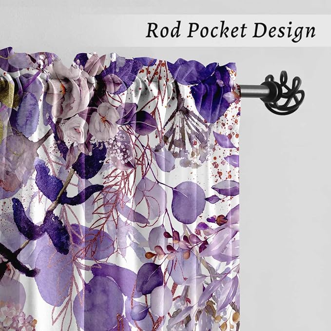 Purple Eucalyptus Floral Curtains 63 Inch Length Watercolor Flower Plant Light - Image 4
