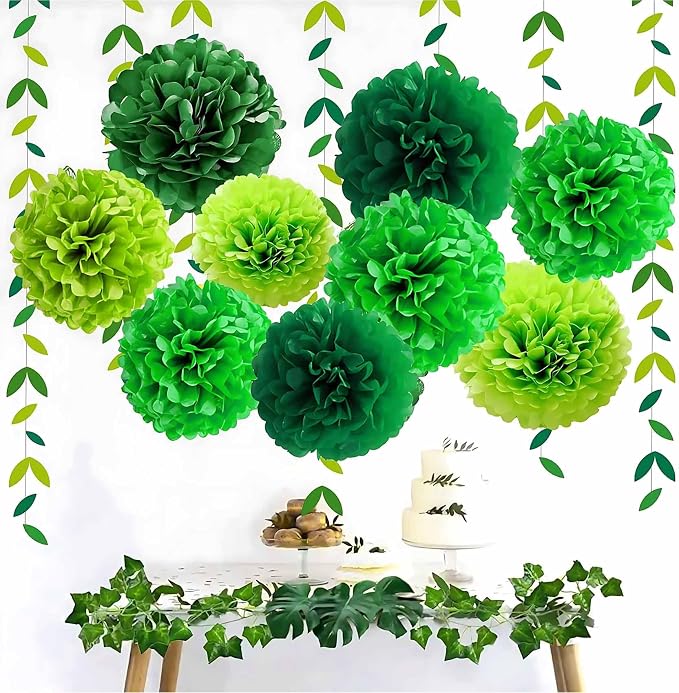 BRZIKWT 12 Pcs Green Dark Green and Light Green Tissue Paper Pom Poms - Image 3