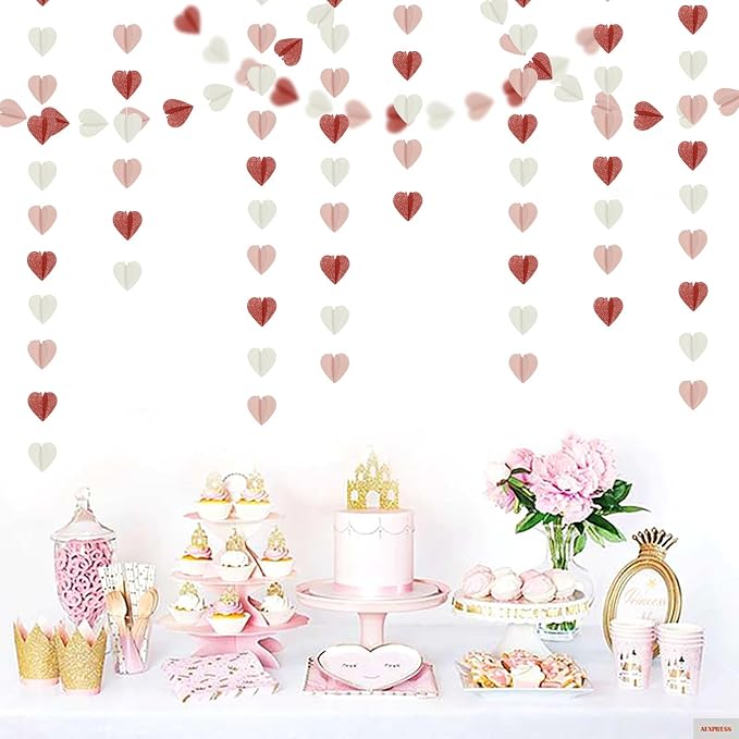 Rose-Gold Pink White Galentines-Decorations Heart Garland - 39Ft 3D Valentines - Image 4