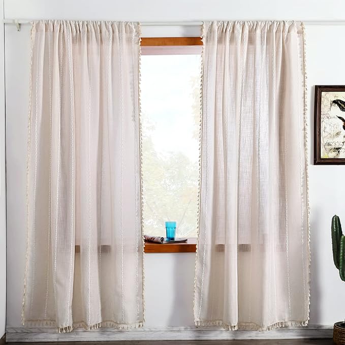 RoomTalks Boho Beige Curtains for Bedroom Living Room 84 Inch Length French - Image 2