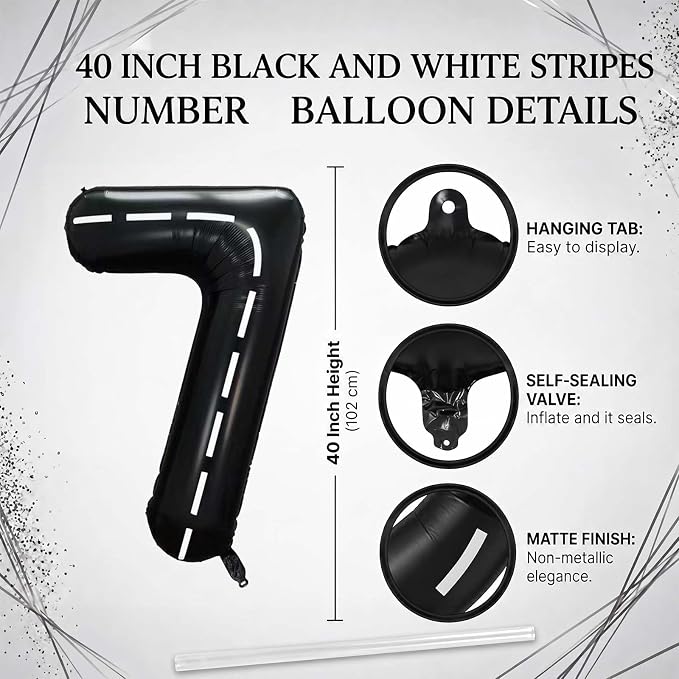 Black and White Stripes Number 7 Balloon 40 Inch, Road Style Numeral | - Image 4